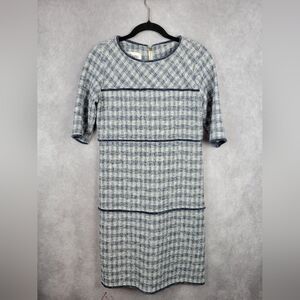 Sara Campbell Tweed Shift‎ Dress size 8 Blue and White Pockets Classic Old Money